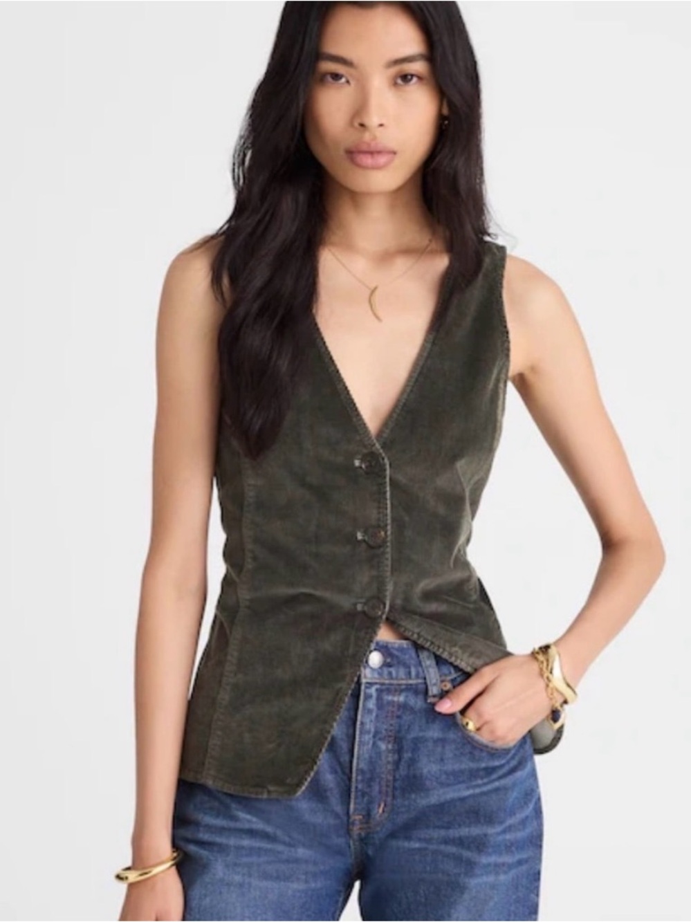 Madewell Olive Green V-Neck Cutaway Vest in Corduroy